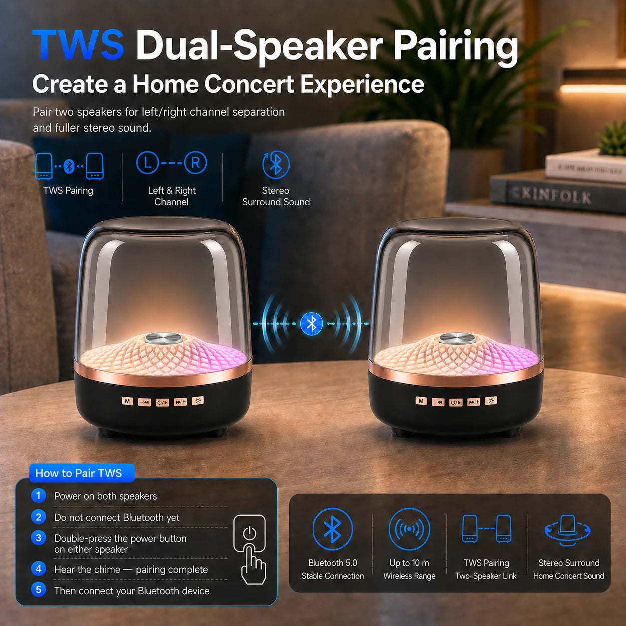 2026 Portable Wireless Soundbar Bluetooth 5.0 Home Theater TWS Speaker Hi-Fi Acoustic Breathing Lamp Subwoofer for Android & IOS