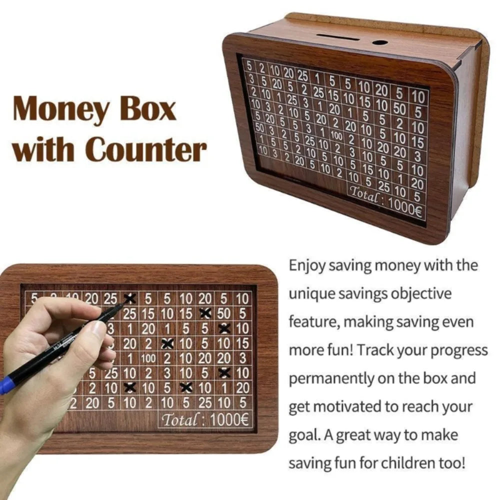 1000/3000/5000/10000 Euro Money Box Wooden Piggy Bank Reusable Money Vault Savings Box Challenge Cash Storage Case Children